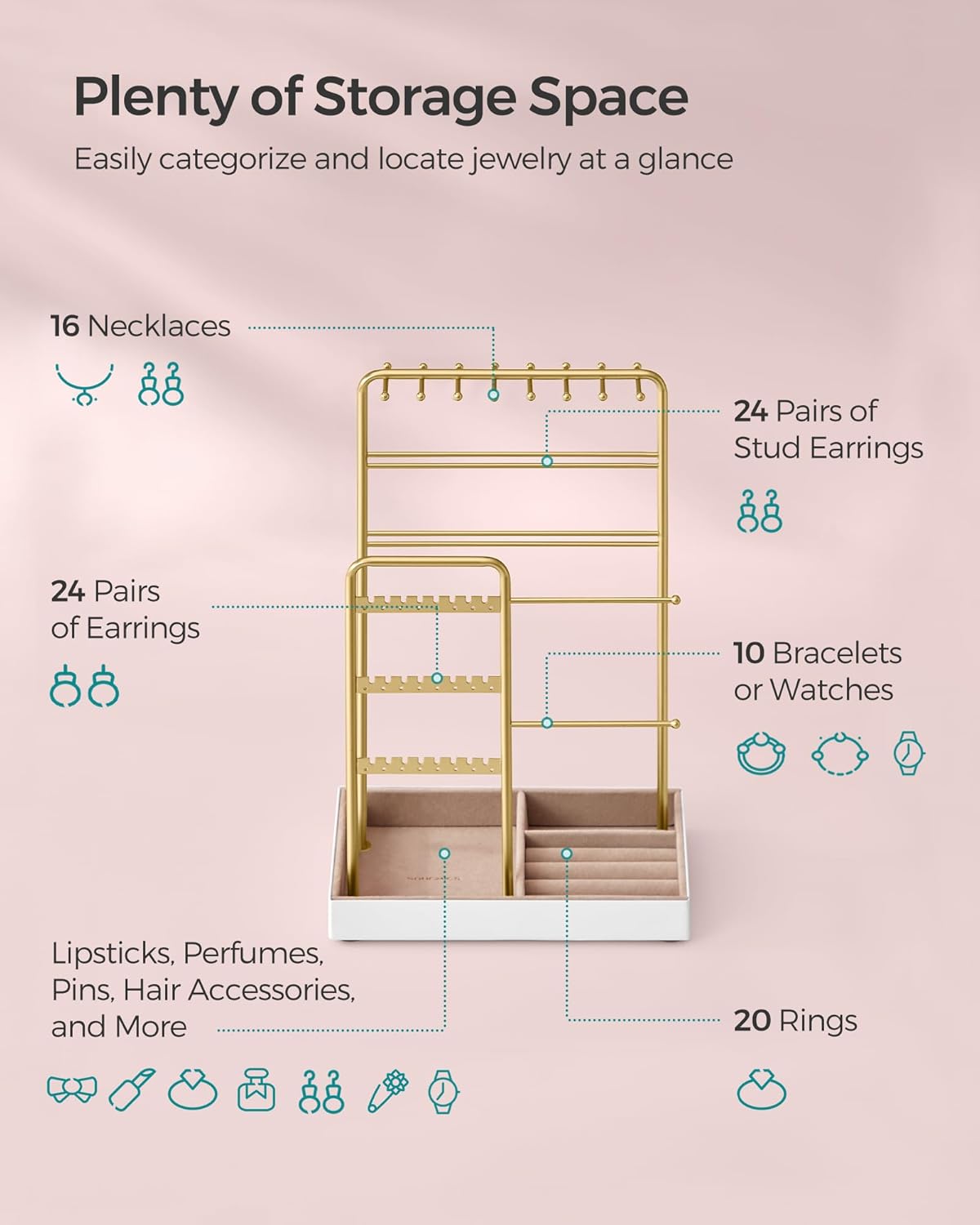 Jewelry Holder, Jewelry Organizer, Jewelry Display Stand with Metal Frame, Necklace Earring Bracelet Holder, for Studs, Rings