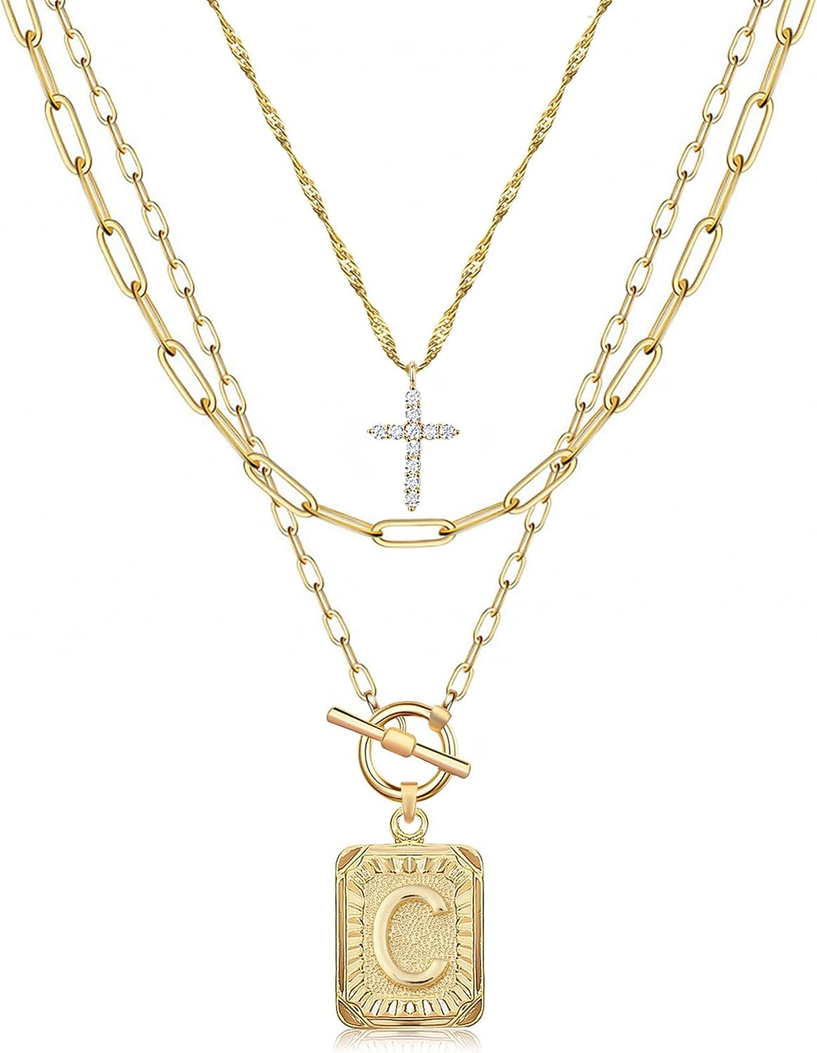 14K Gold Plated Layered Initial Necklace - Cross & Letter Pendant Choker