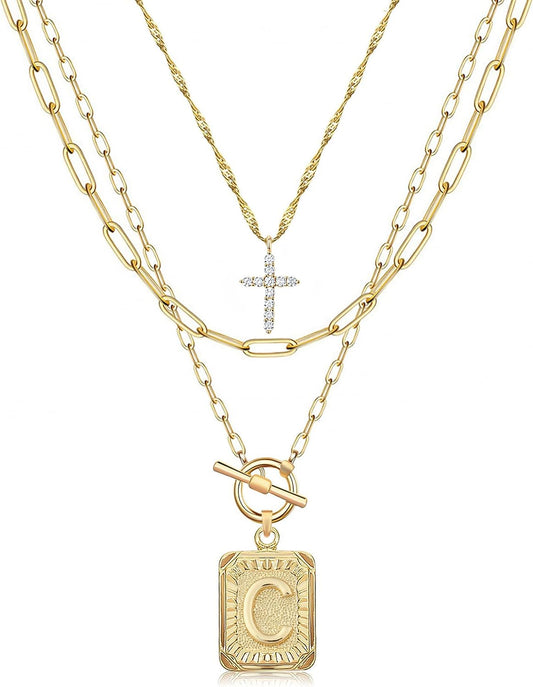 14K Gold Plated Layered Initial Necklace - Cross & Letter Pendant Choker