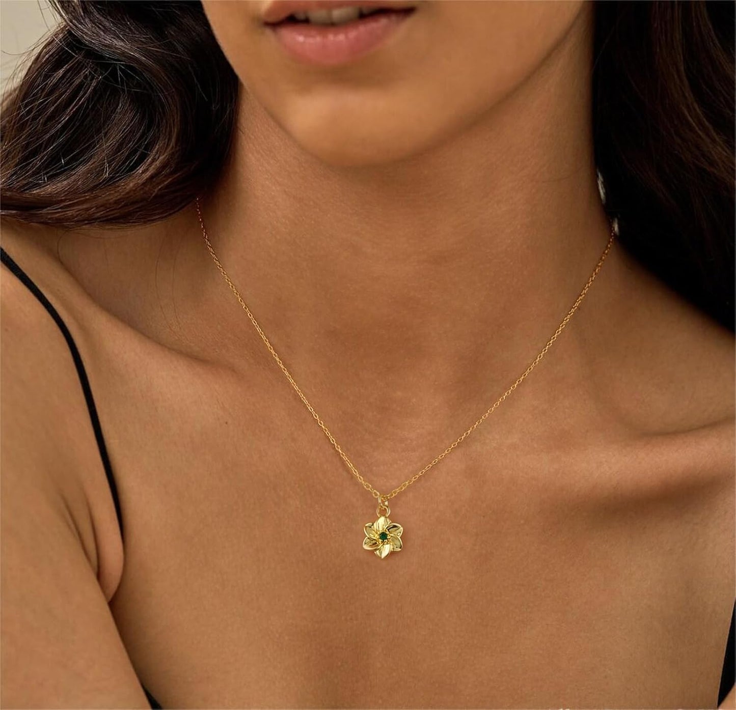 Dainty Birth Flower Necklace with Emerald Birthstone, 14K Gold Plated Cubic Zirconia Pendant, Birthday Gift for Women