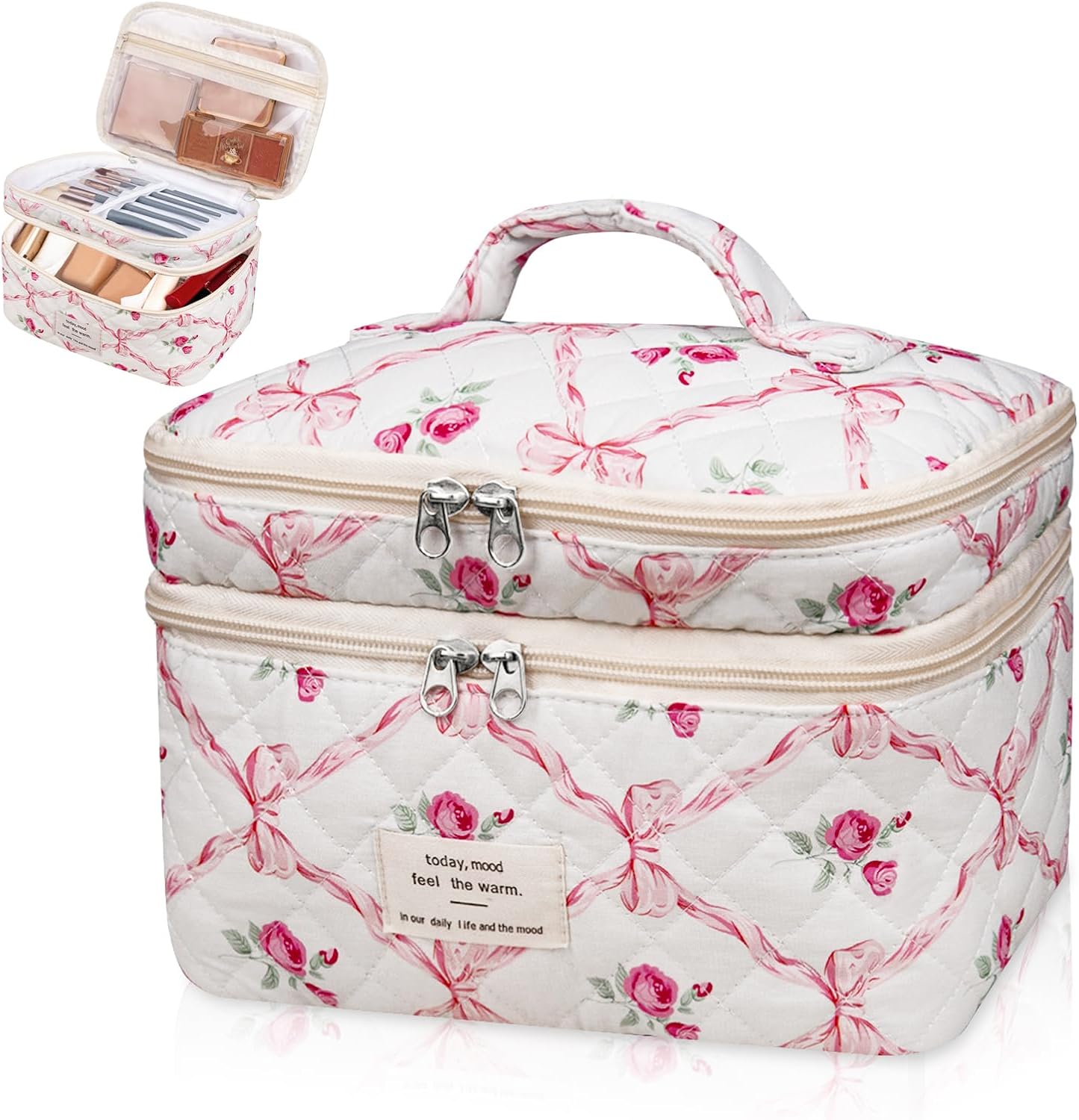 Large Makeup Bag, Cute Cosmetic Bag for Women Girls, Floral Coquette Aesthetic Toiletry Bag, Travel Make Up Organizer Bag (BDLH)