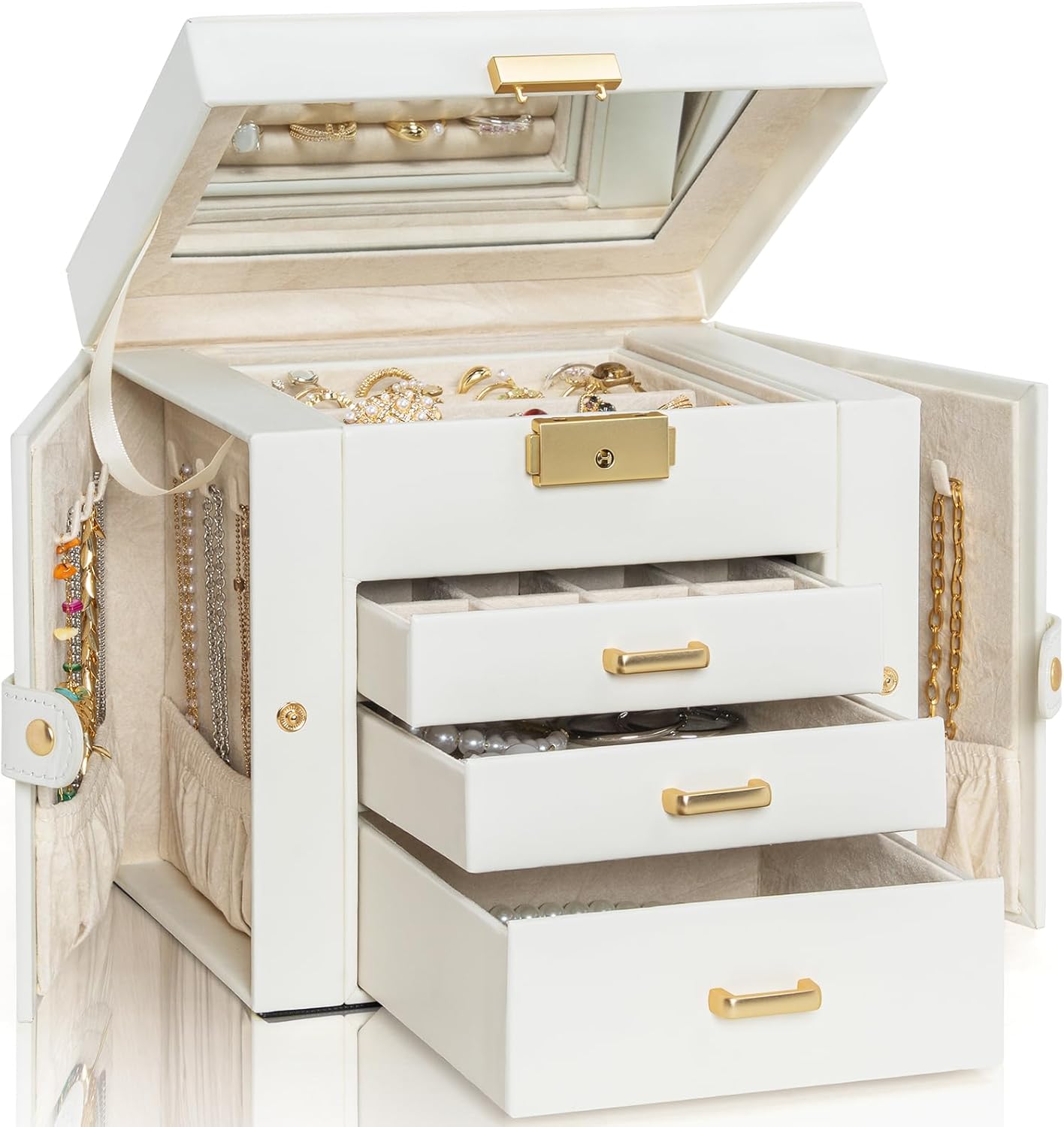 4-Tier Jewelry Box Leather Jewelry Storage Organizer with 3 Drawers Lockable