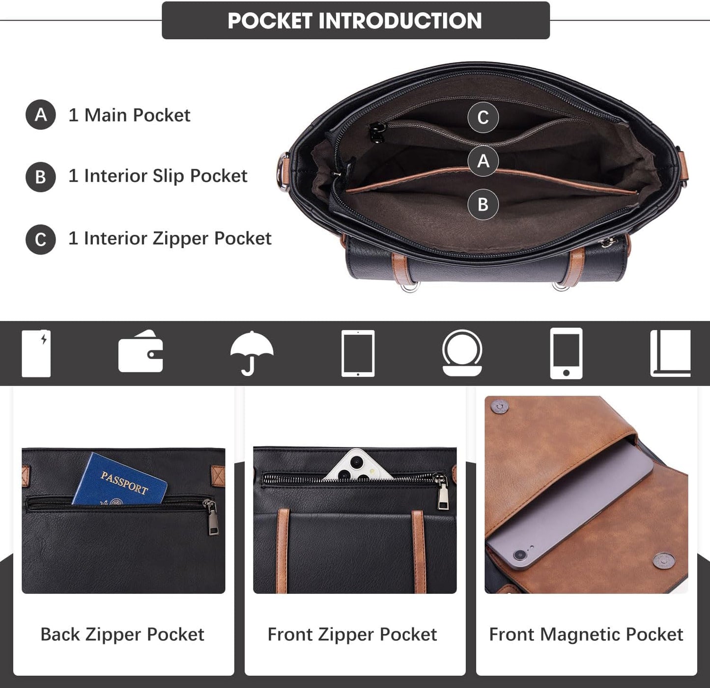 Women Multi Pocket Crossbody Purses Vegan Leather Shoulder Handbags Travel Purse Adjustable Strap