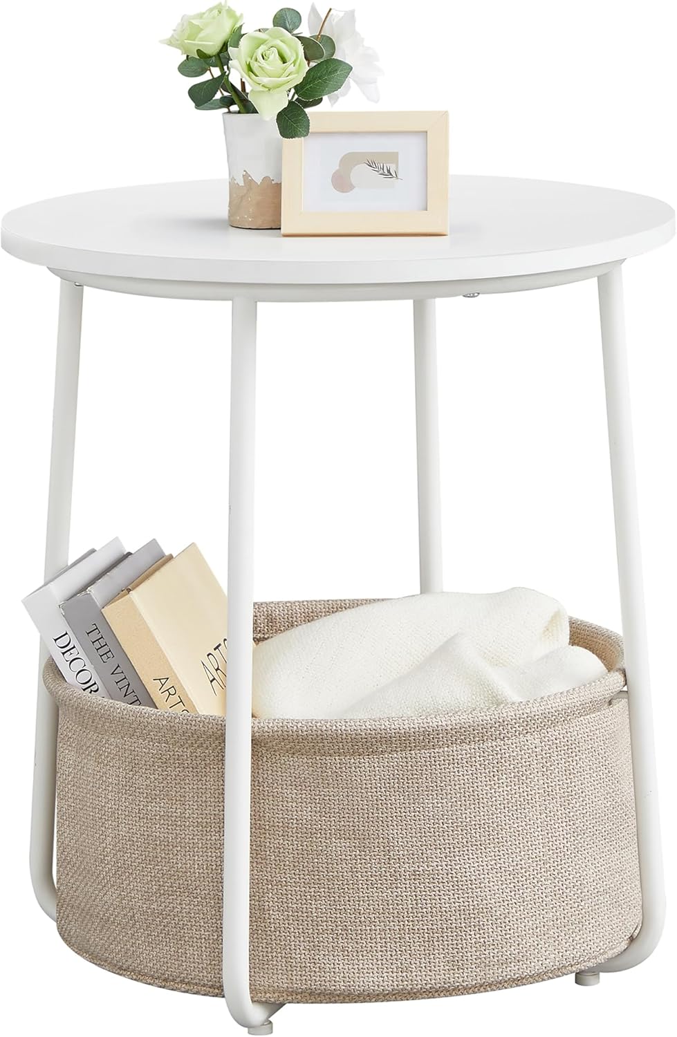 Small Round Side End Table, Modern Nightstand with Fabric Basket