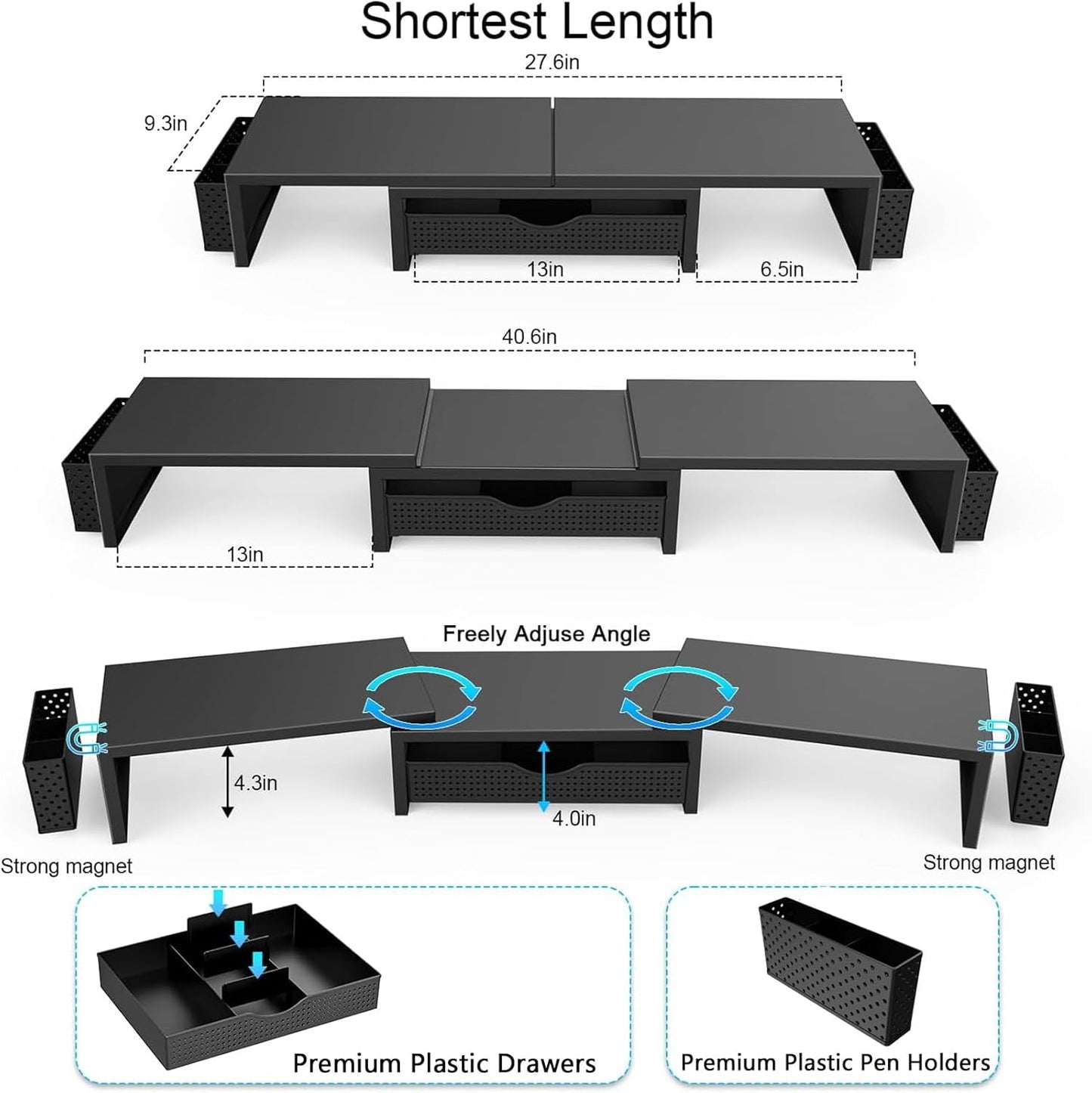 Dual Monitor Stand Riser, Desk Organizer With Drawer and 2 Pen Holders,Shelf for Top of Desk