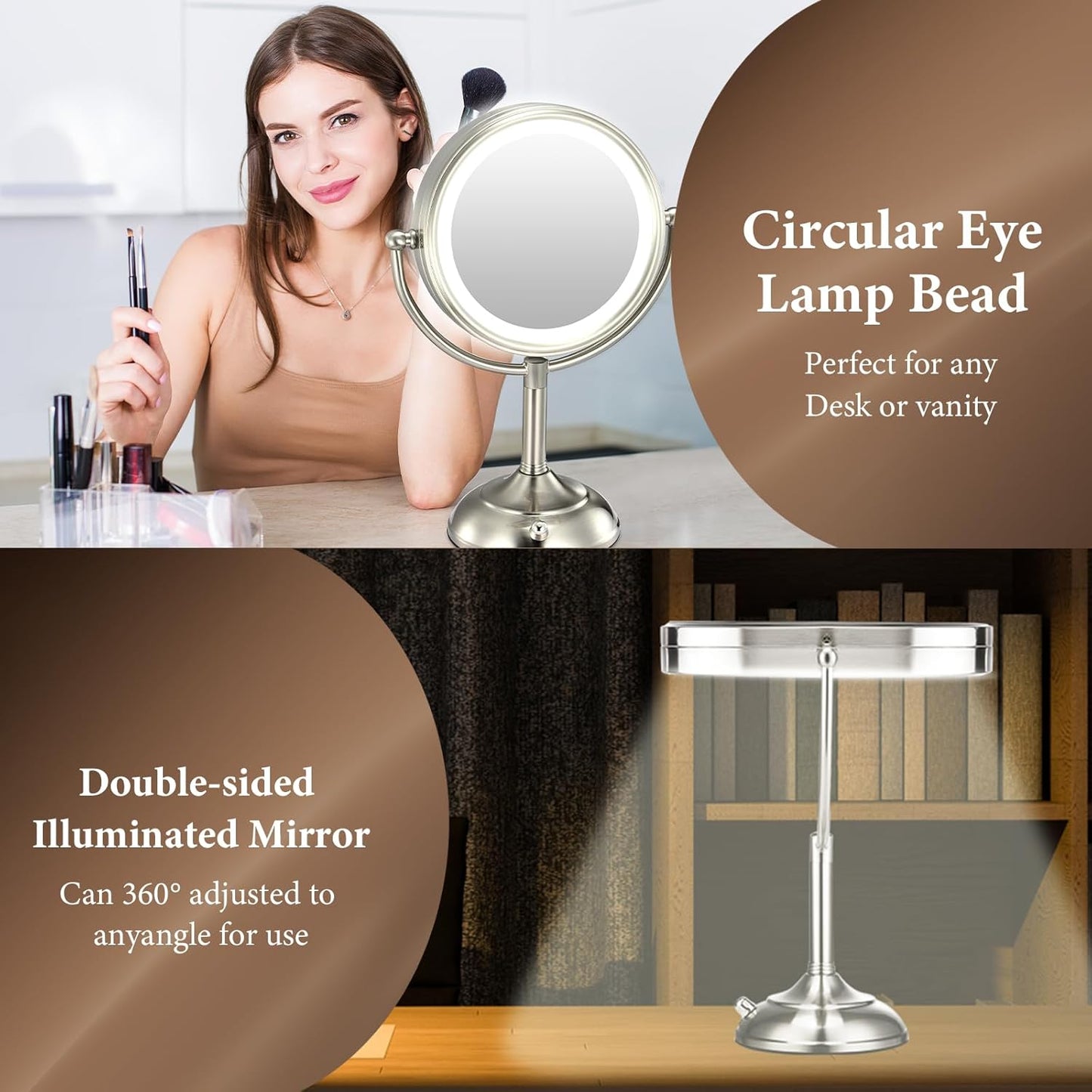 8.5" Large Lighted Makeup Mirror , 1X/10X True HD Magnifying Mirror 360°Swivel Seamless Vanity Mirror