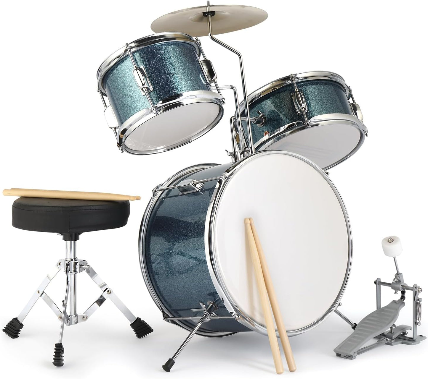 OMOMMD 3-Piece Drum Set, 14 Inch Beginners Drums Kit with Throne Stool, Pedal & 2 Pairs of Drumsticks, Junior Drums Set Musical Instruments W/Cymbal, Tom, and Snare Drum (Blue)