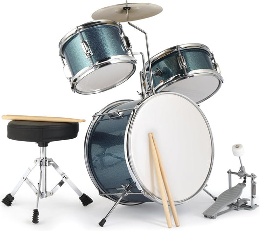 OMOMMD 3-Piece Drum Set, 14 Inch Beginners Drums Kit with Throne Stool, Pedal & 2 Pairs of Drumsticks, Junior Drums Set Musical Instruments W/Cymbal, Tom, and Snare Drum (Blue)