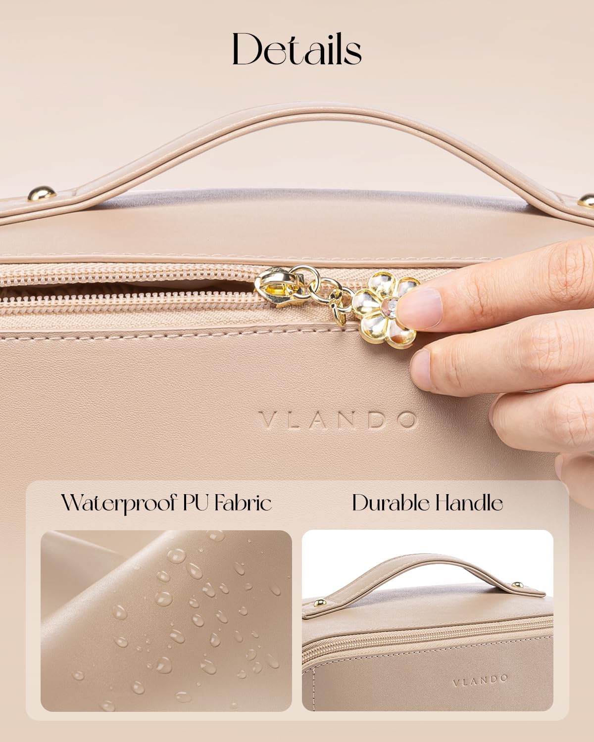 Makeup Bag,Large Capacity Travel Toiletry Bag,Cosmetic Bags for Women PU Leather Waterproof Portable Pouch with Divider & Handle-Toffee