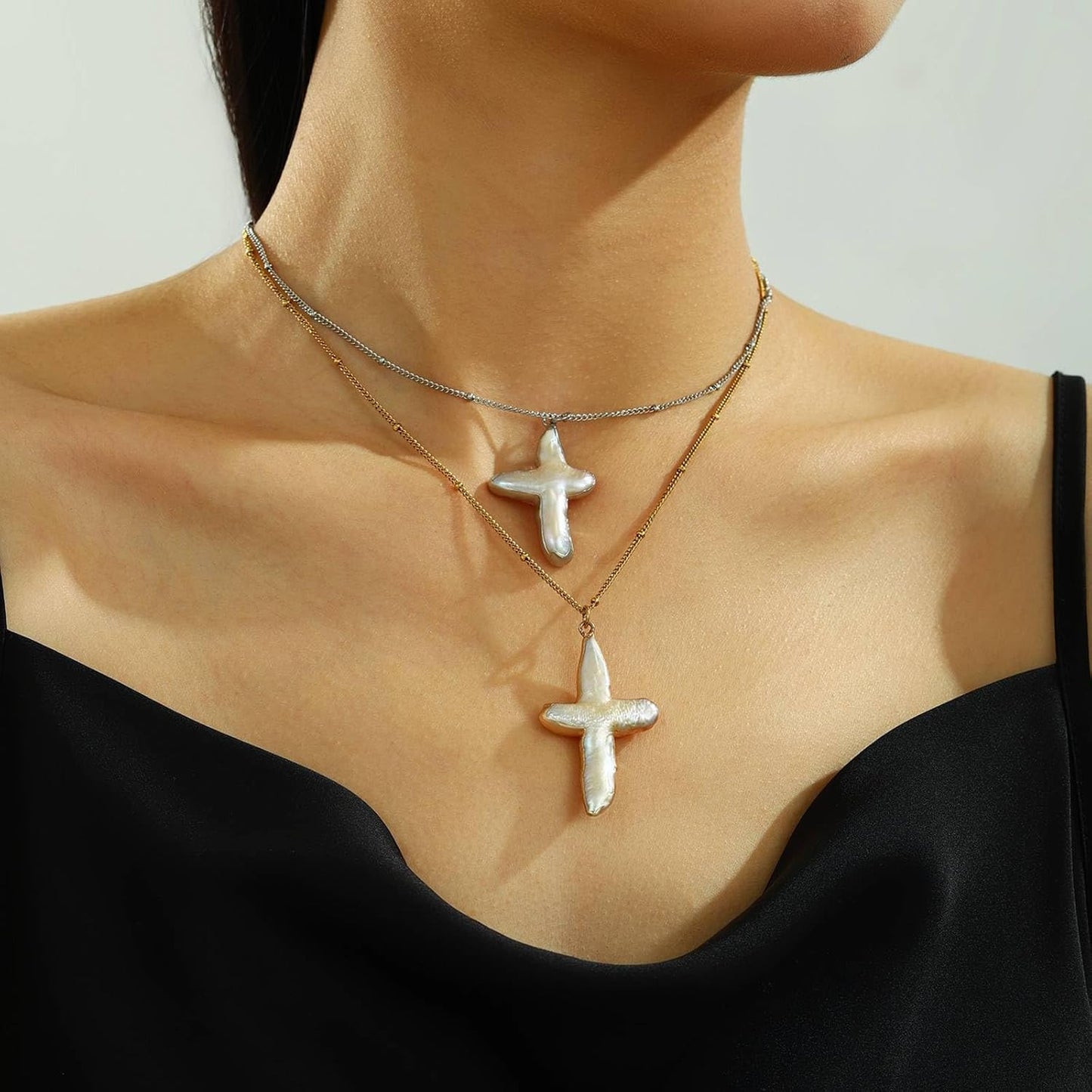 Freshwater Baroque Pearl & Gold Cross Necklace - Chunky Statement Sideways Pendant for Women/Men, Natural Christian Religious Gift