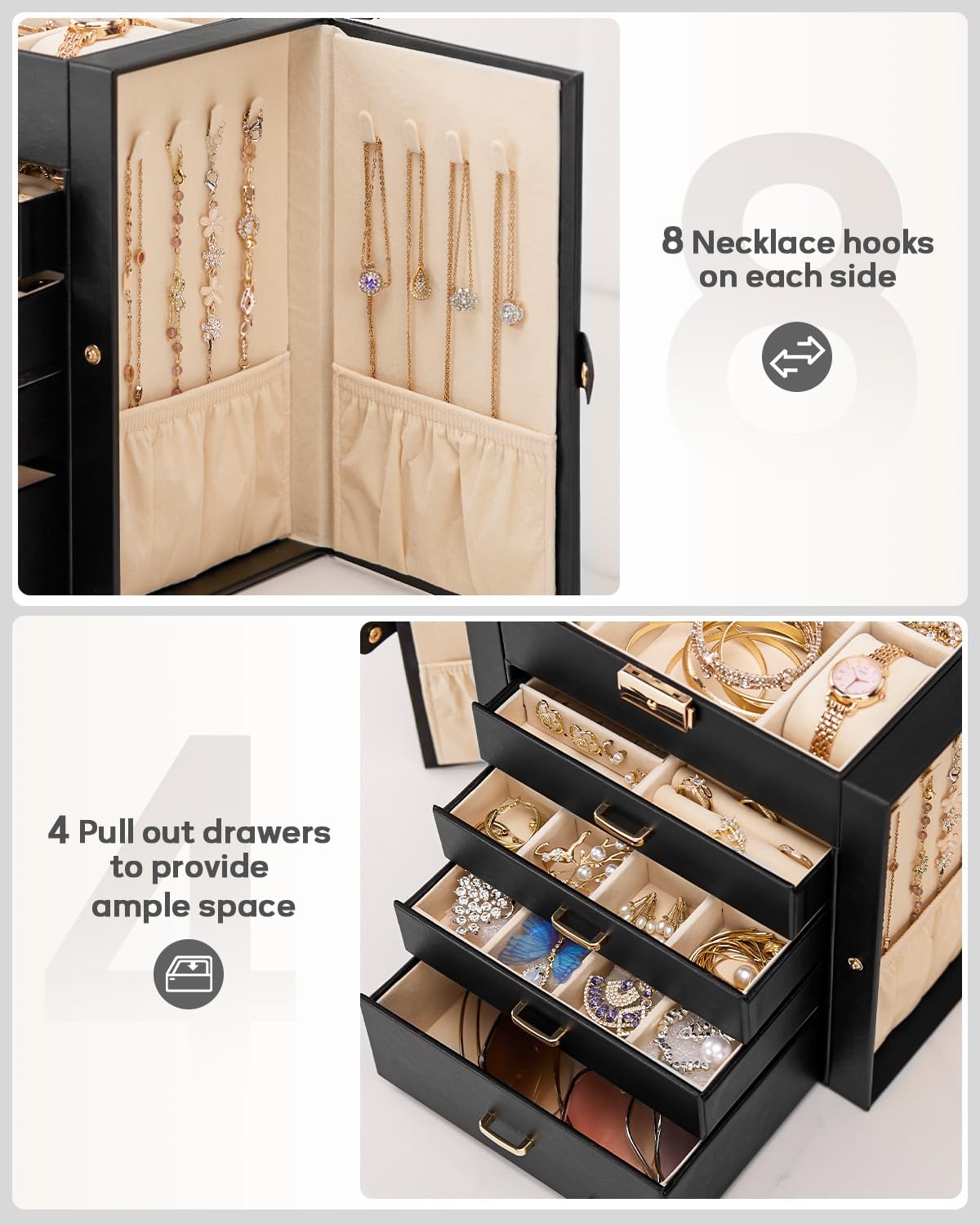 Synthetic Leather Huge Jewelry Box Mirrored Watch Organizer Necklace Ring Earring Storage Lockable