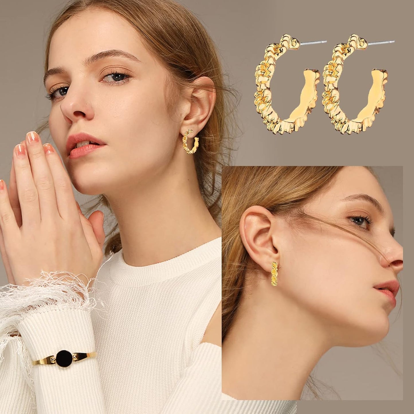 Chunky Hoop Earrings Set 14K Gold Hoop Earrings for Women Hypoallergenic, Thick Hoops Earring set, Twist Huggie Hoop Earring