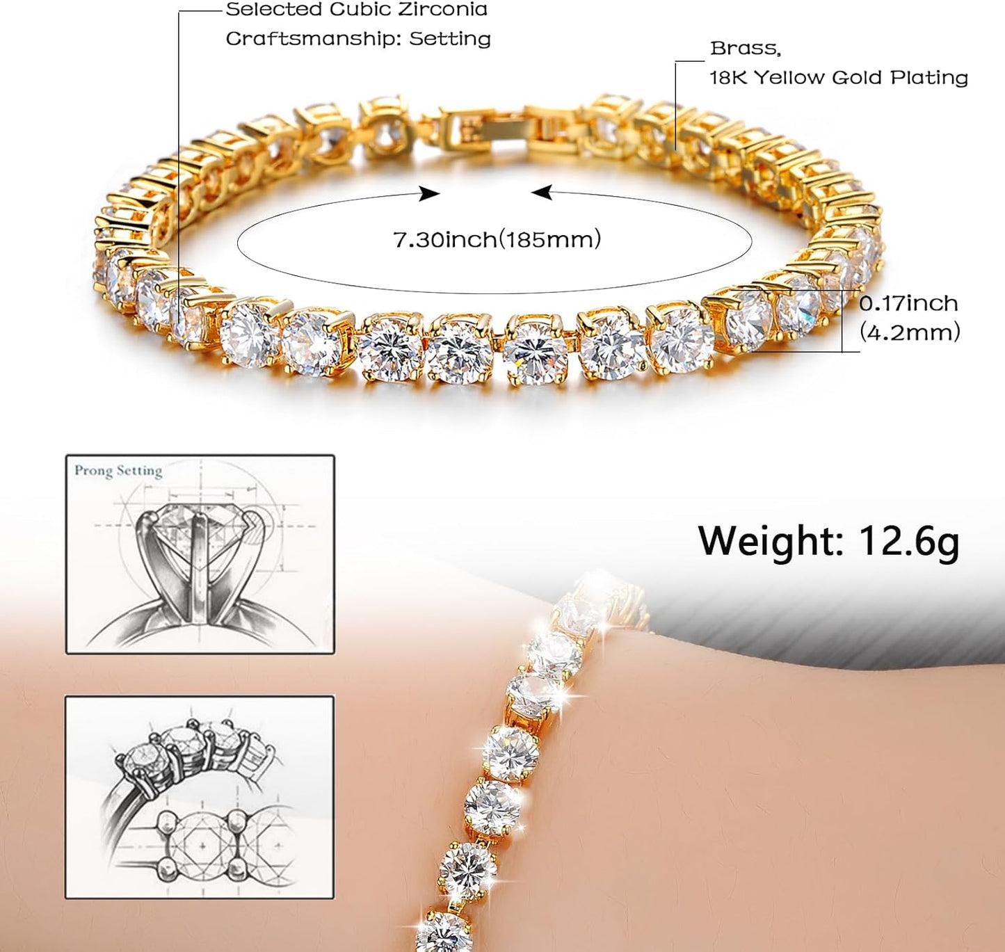 Eternity Bracelet Blue Cubic Zirconia, Sapphire Bracelet, 18K Gold Plated Hypoallergenic Bracelets -7.48inch/190mm