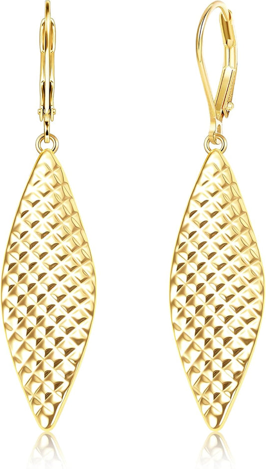 14K Gold Long Dangle Earrings for Women,Sterling Silver Drop Leverback Earrings Trendy Hypoallergenic Gold Hammered
