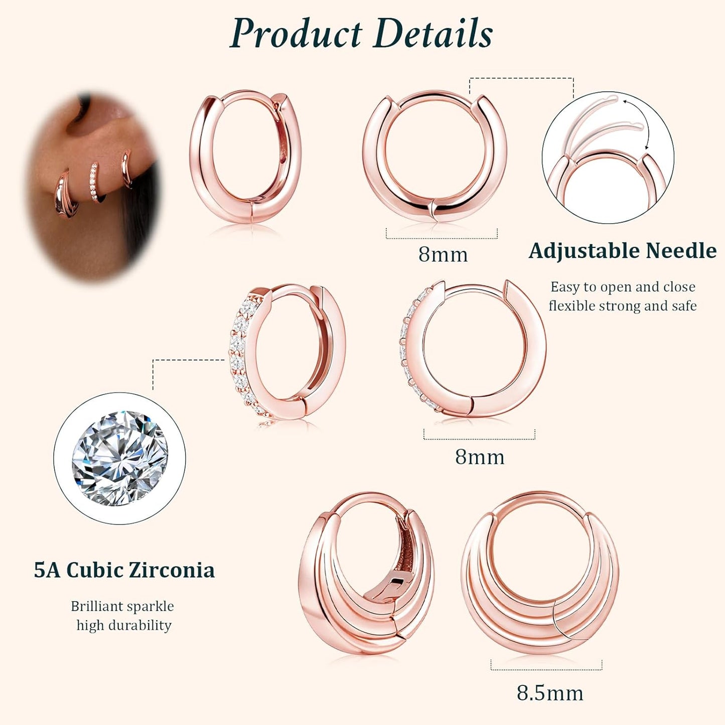 Small Sterling Silver Huggie Hoop Earrings Set for Women, 14K Gold Plated Hoops Stacks for Multiple Piercings