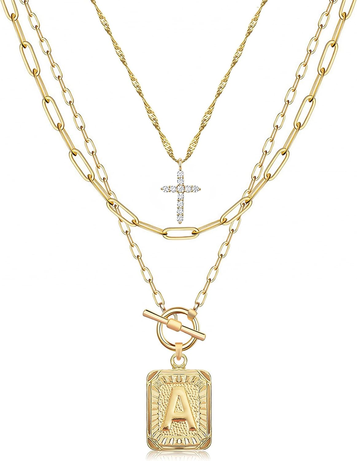 Layered Initial Necklace for Women, 14K Gold Plated Letter Pendant with Cross Charm, Paperclip Chain Choker Jewelry
