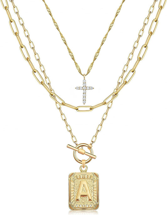 Layered Initial Necklace for Women, 14K Gold Plated Letter Pendant with Cross Charm, Paperclip Chain Choker Jewelry