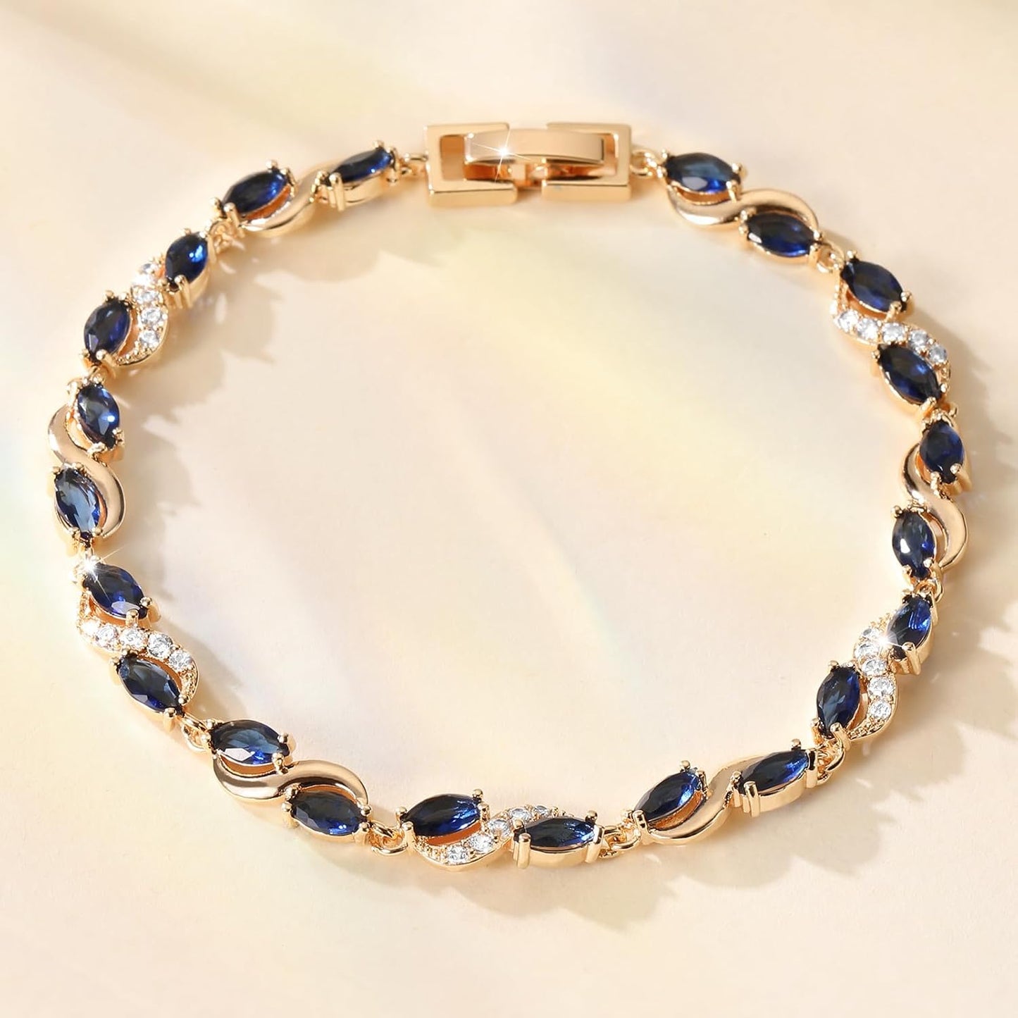 Eternity Bracelet Blue Cubic Zirconia, Sapphire Bracelet, 18K Gold Plated Hypoallergenic Bracelets -7.48inch/190mm