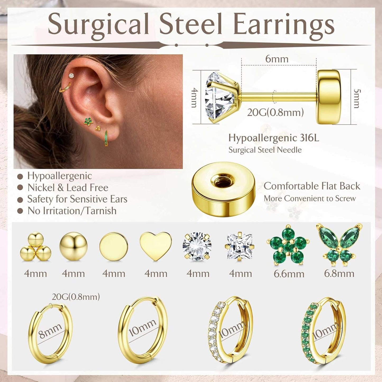 Jstyle Surgical Steel Earrings for Sensitive Ears 14K Gold Flat Back Earrings for Women Men Small Stainless Steel Earrings