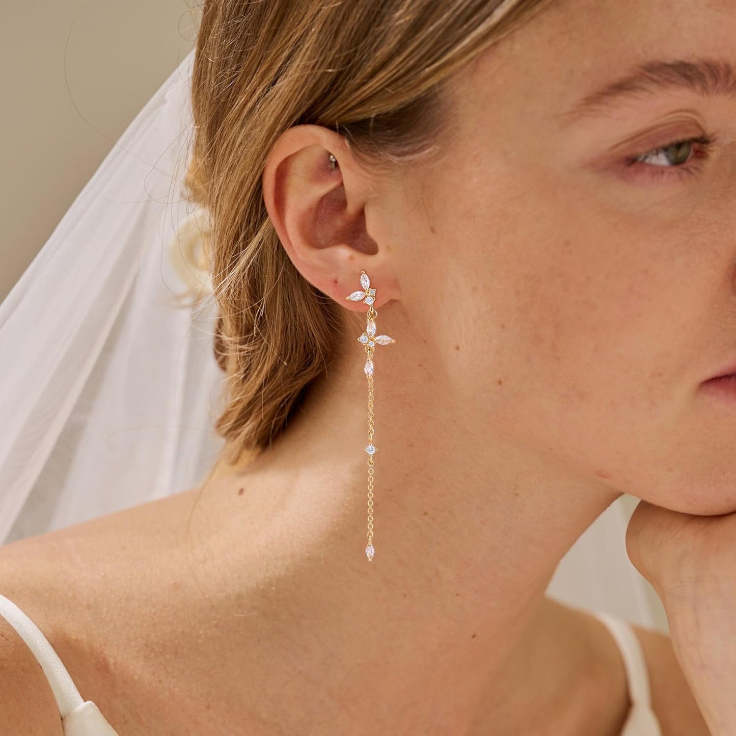 14K Gold Plated Butterfly Dangle Earrings for Women - Dainty, Trendy, CZ Drop Earrings - Simple Long Dangling Jewelry