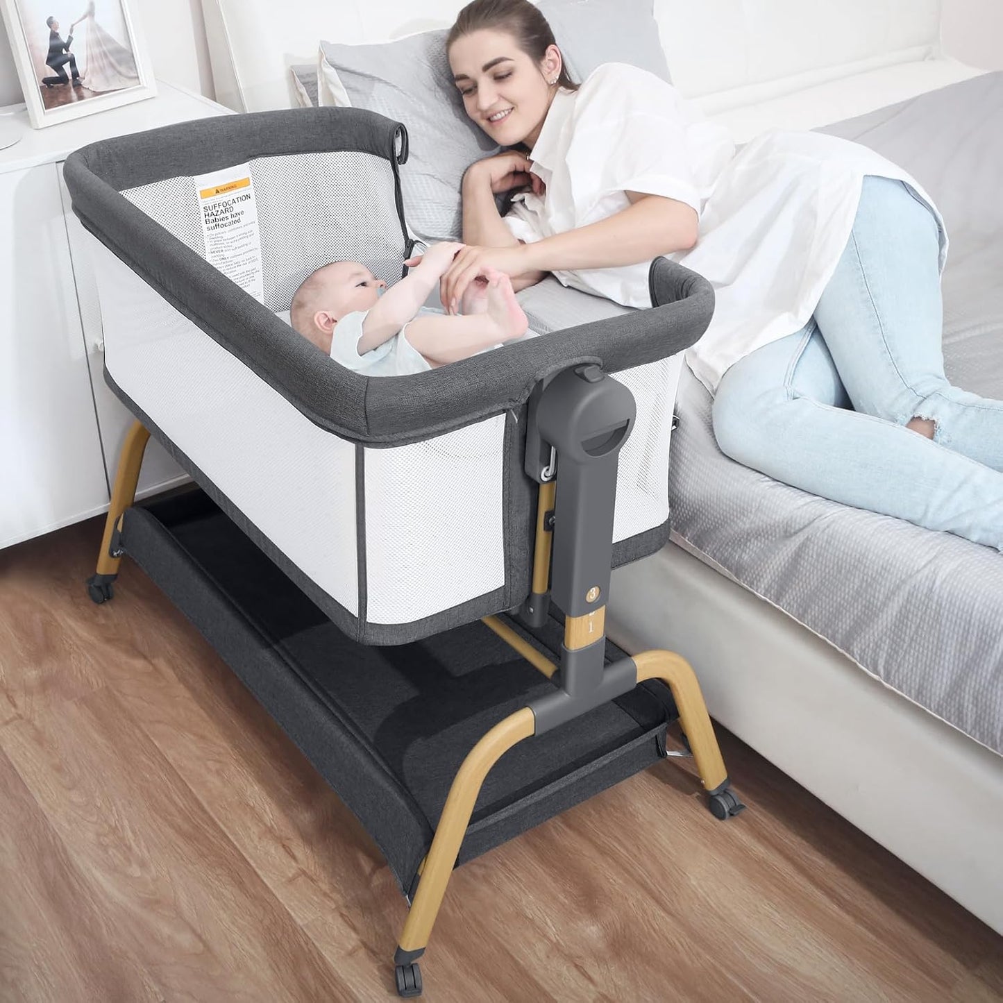 for Newborn 3 in 1 Baby Bassinet, Bedside Bassinet for Baby, Rocking Bassinet with Comfy Mattress and Wheels