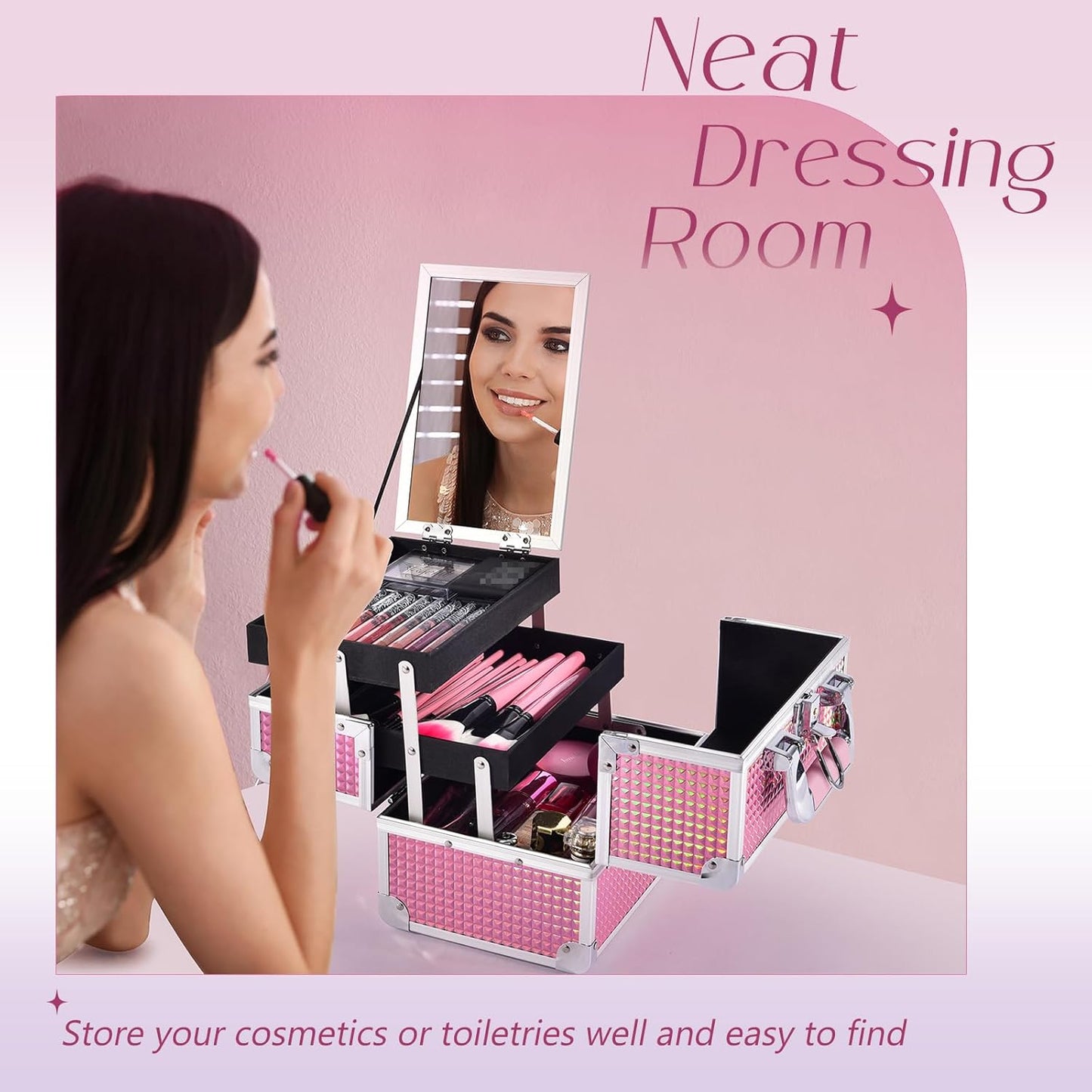 Makeup Organizer Portable Cosmetic Box Storage with 2 Trays Mirror Locking Make Up Travel Case