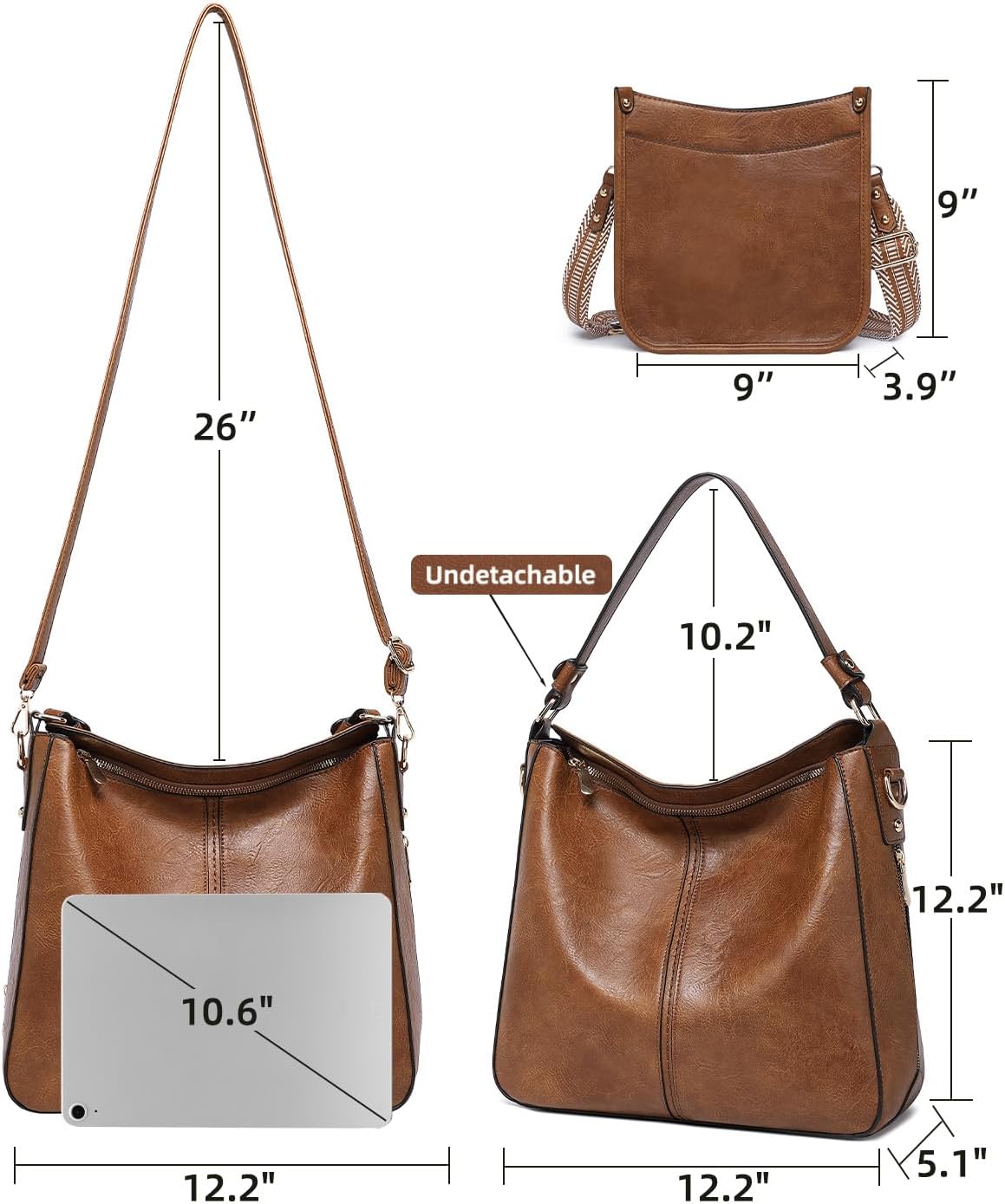 3PCS Crossbody Bags Set Large Leather Purse Shoulder Handbags with Wallet Adjustable Straps
