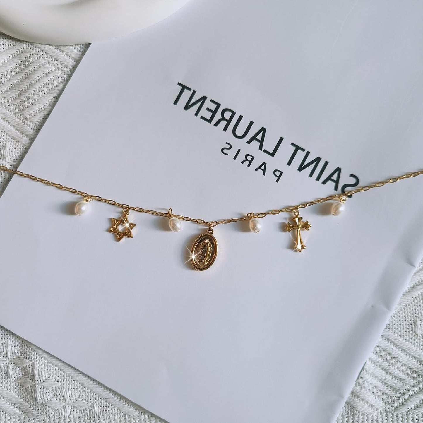 Dainty Gold Paperclip Charm Necklace With Shell, Moon, Star & Hexagram Pendant - Summer Beach Jewelry Gift For Women