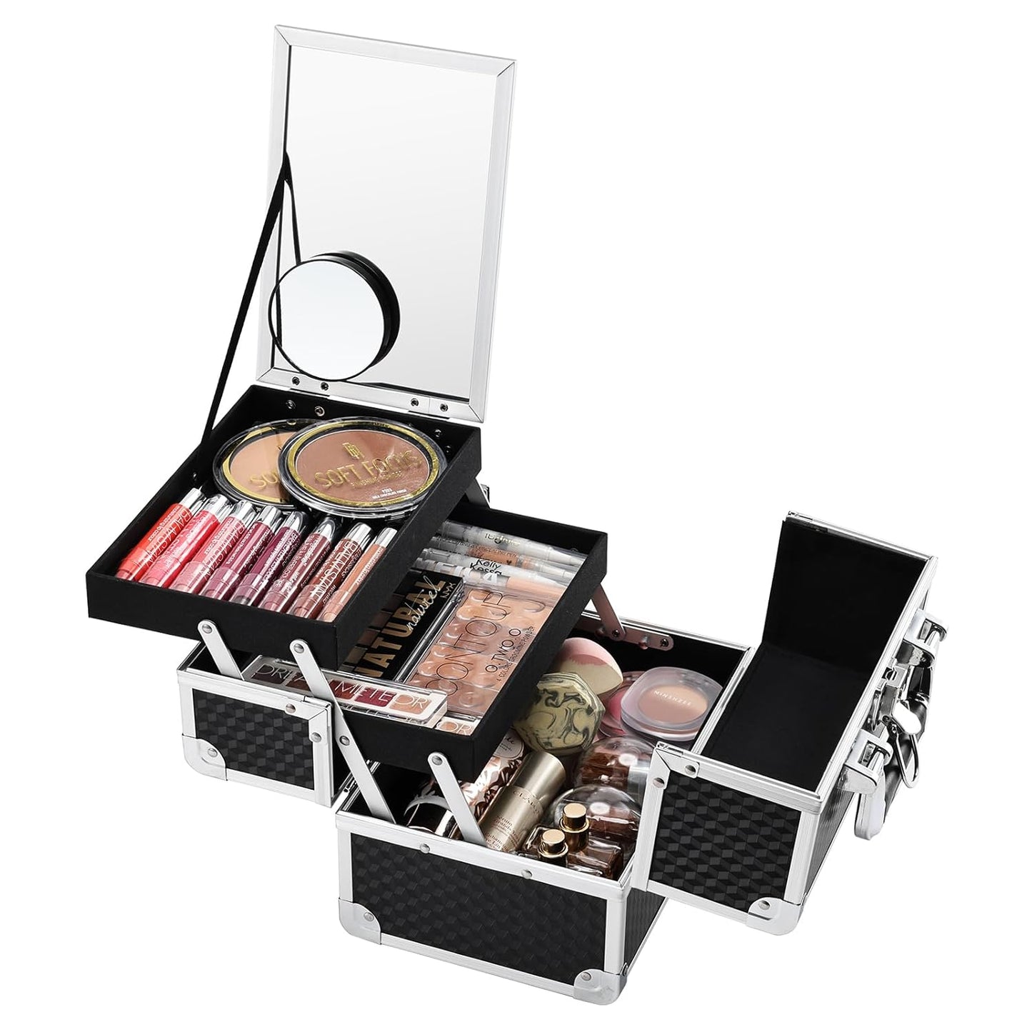 Makeup Organizer Portable Cosmetic Box Storage with 2 Trays Mirror Locking Make Up Travel Case