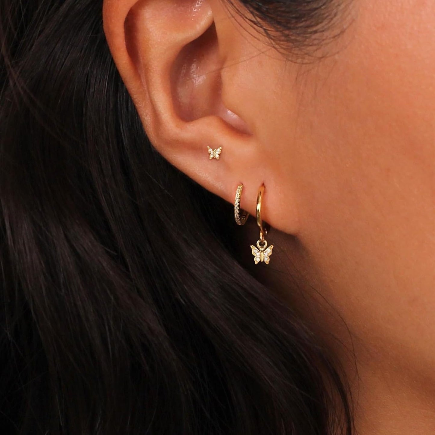 3 Pairs Small Gold Hoop Earring, 14K Gold Plated Earring Stacks Butterfly Heart Star Moon Bow Four Leaf Rhombus Round CZ Pearl