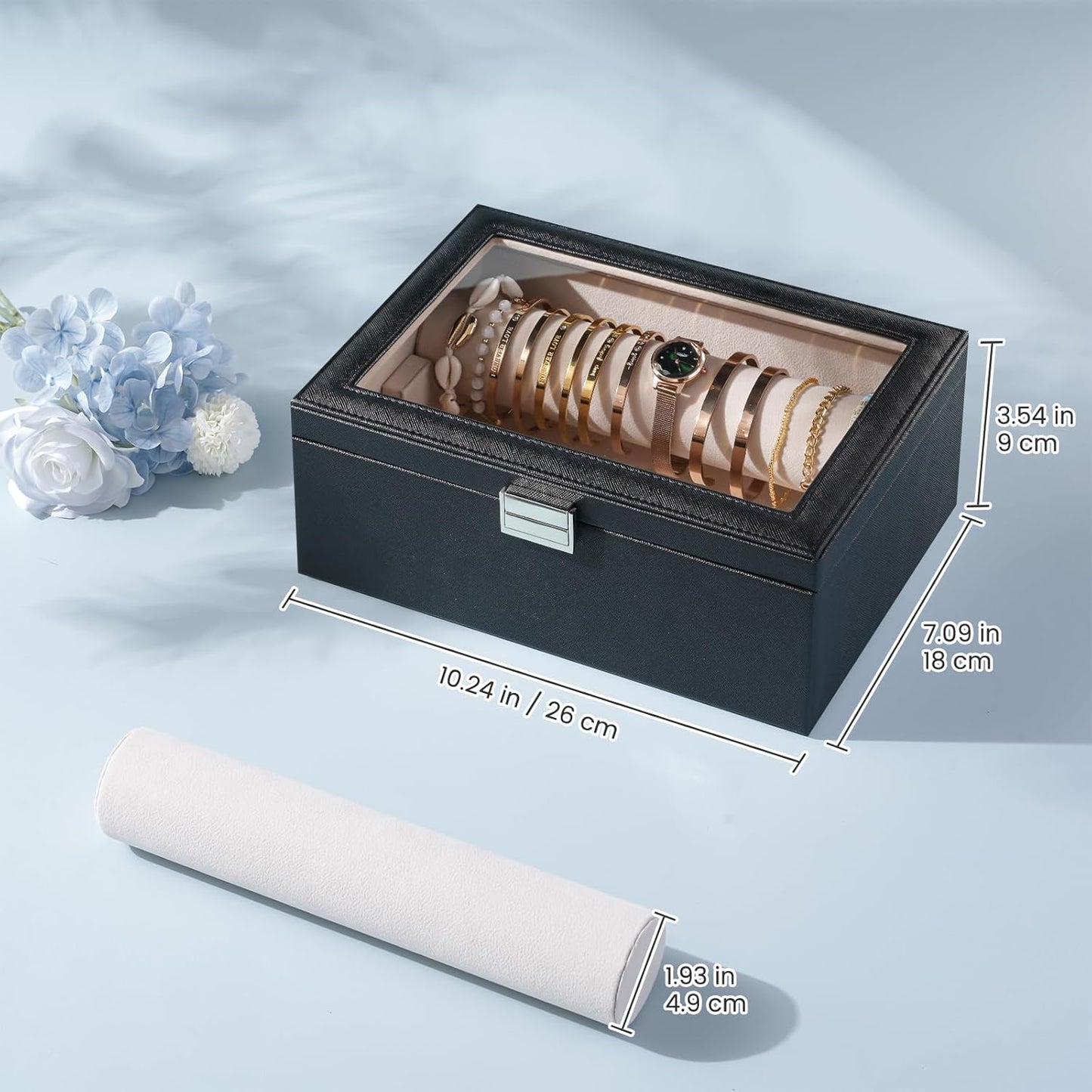 Bracelet Display Holder with Rods for Bangles Watches, Clear Lid Jewelry Organizer Box