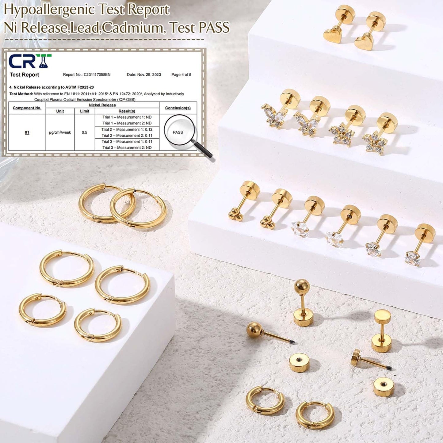 Jstyle Surgical Steel Earrings for Sensitive Ears 14K Gold Flat Back Earrings for Women Men Small Stainless Steel Earrings