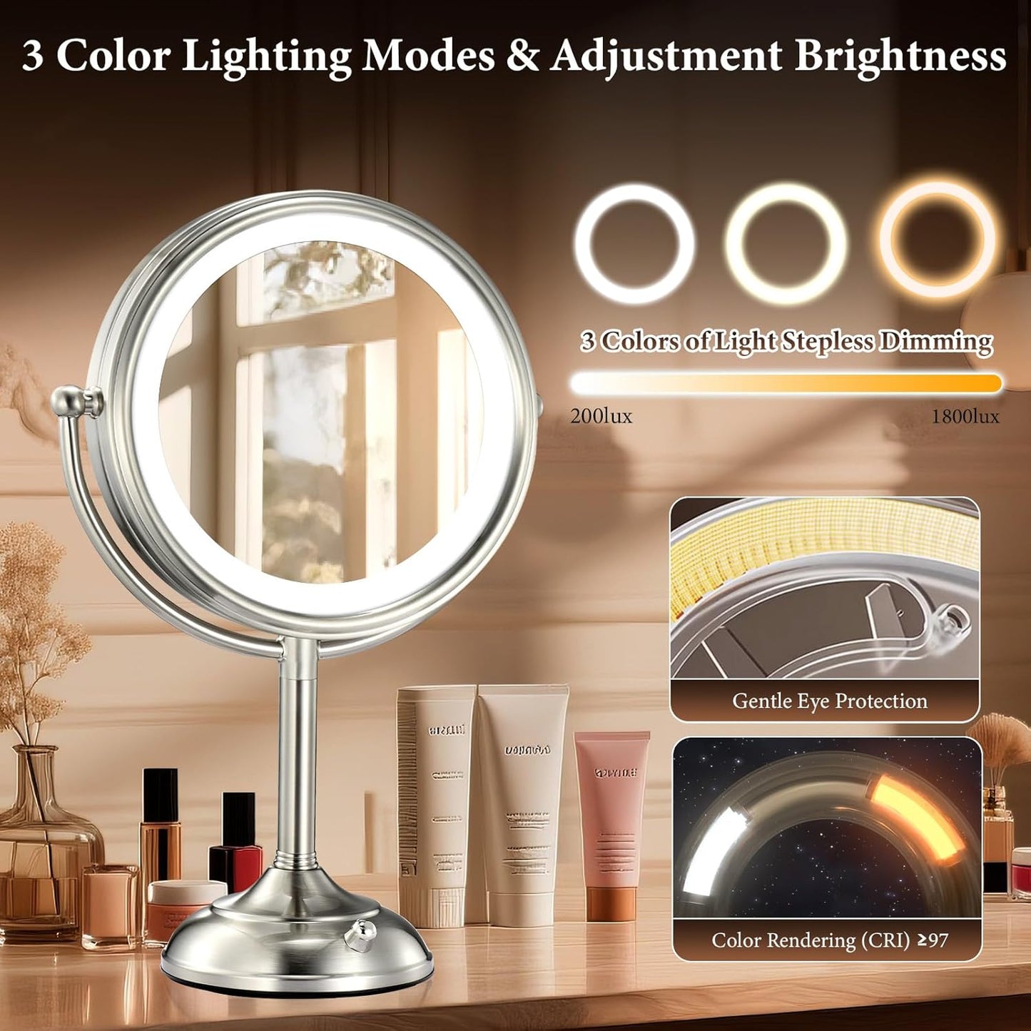 8.5" Large Lighted Makeup Mirror , 1X/10X True HD Magnifying Mirror 360°Swivel Seamless Vanity Mirror