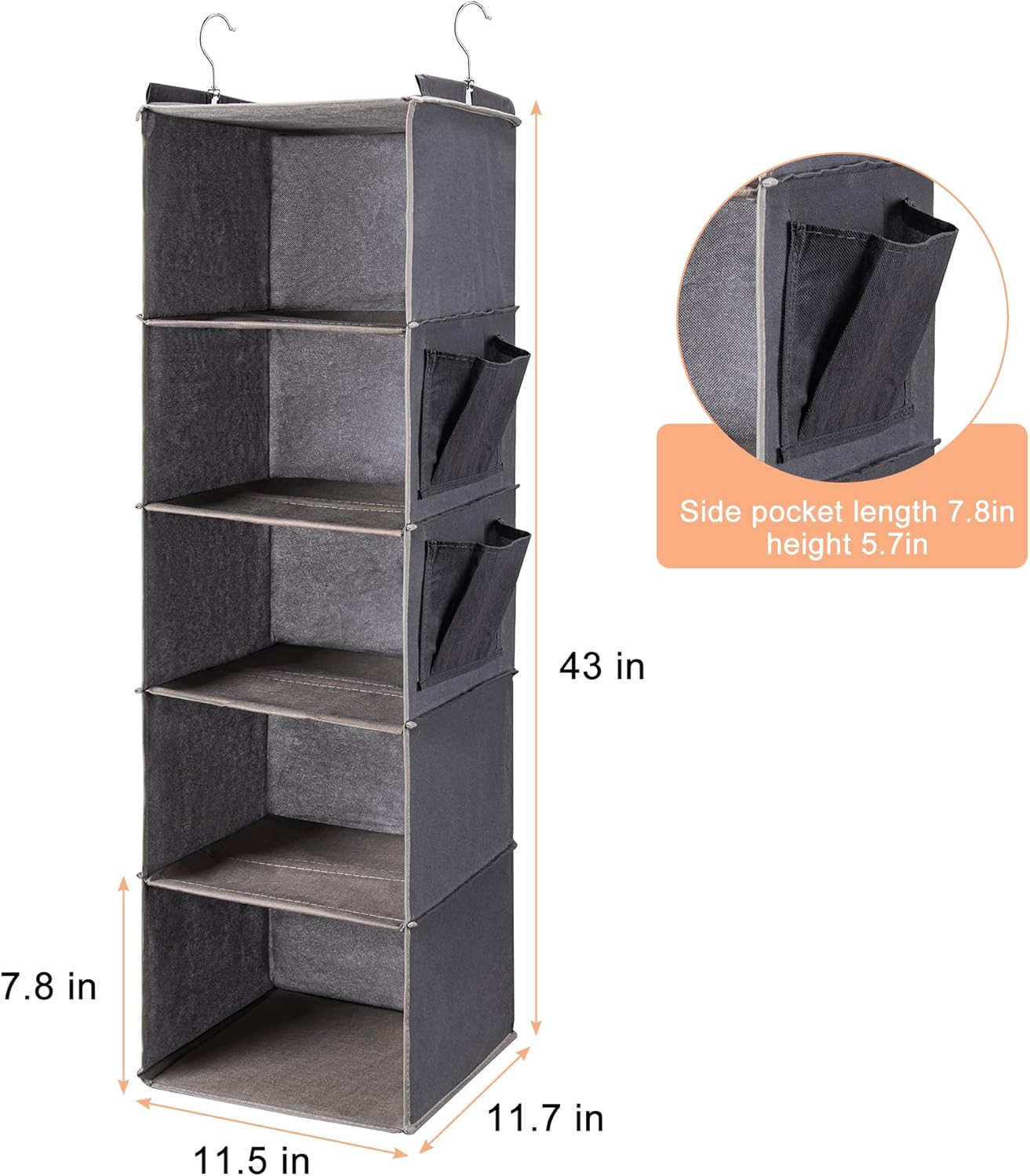 Hanging Closet Organize and Shelves，5-Hanging Shelf with 2 Side Pockets，Storage Foldable
