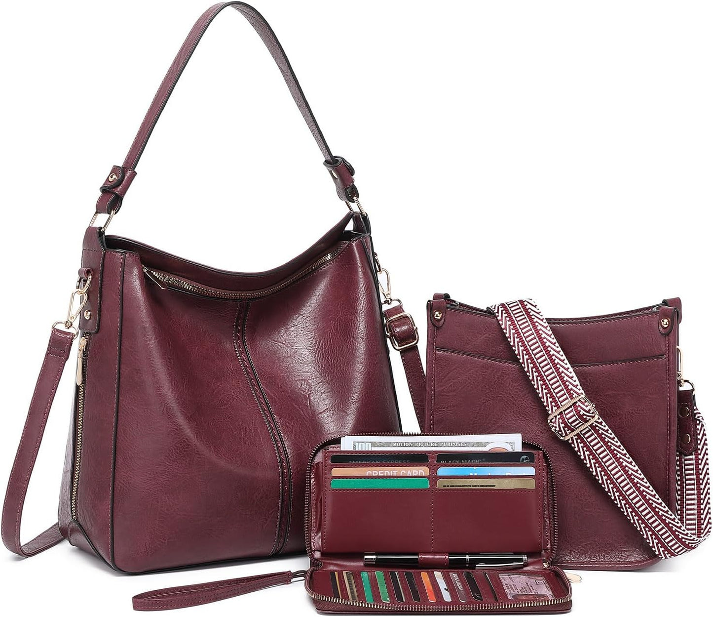 3PCS Crossbody Bags Set Large Leather Purse Shoulder Handbags with Wallet Adjustable Straps