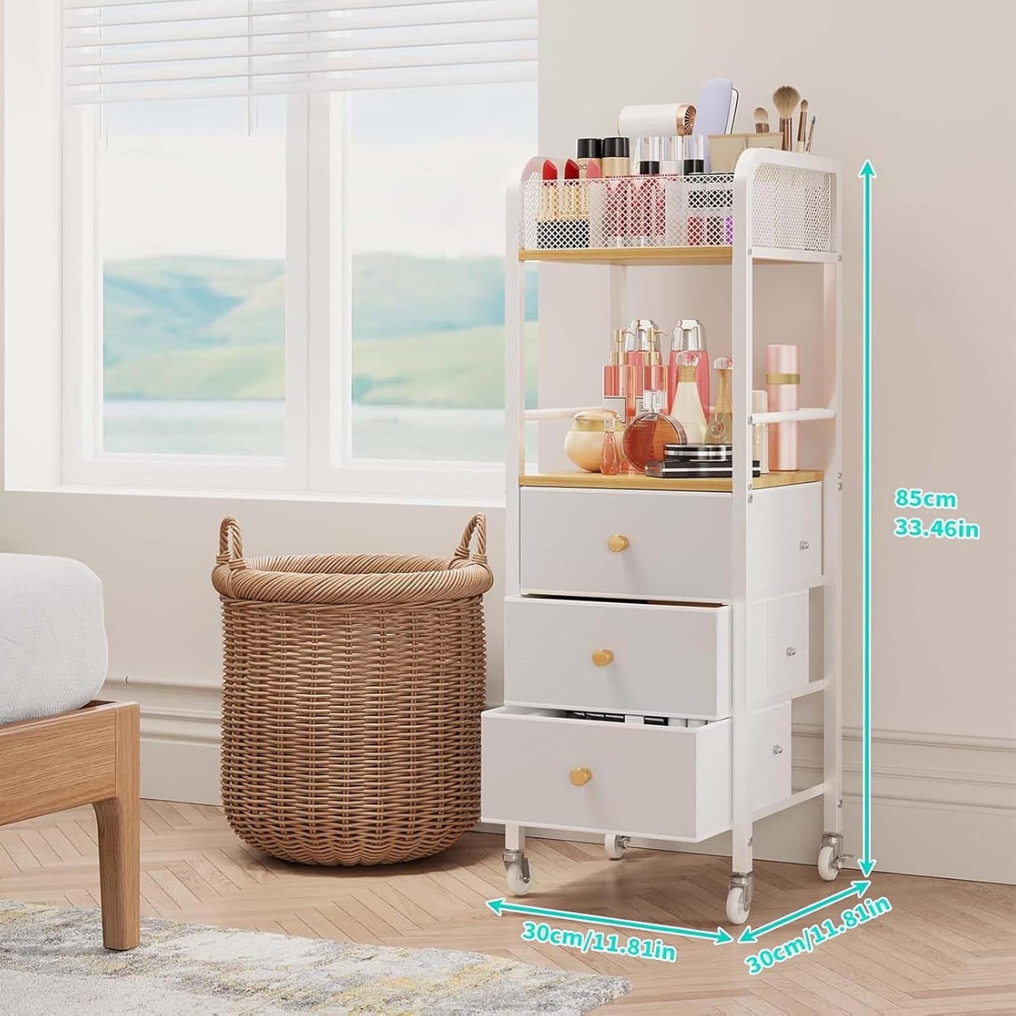 Rolling Makeup Cart Organizer - Floor Skincare Make Up Storage with 3 Non-woven Fabric Drawers