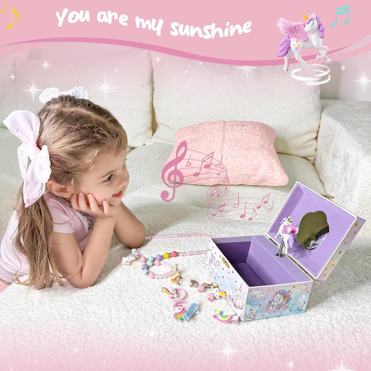 Musical Kids Jewelry Box with Spinning Unicorn Doll, Birthday Gifts for Little Girls Children Toddler