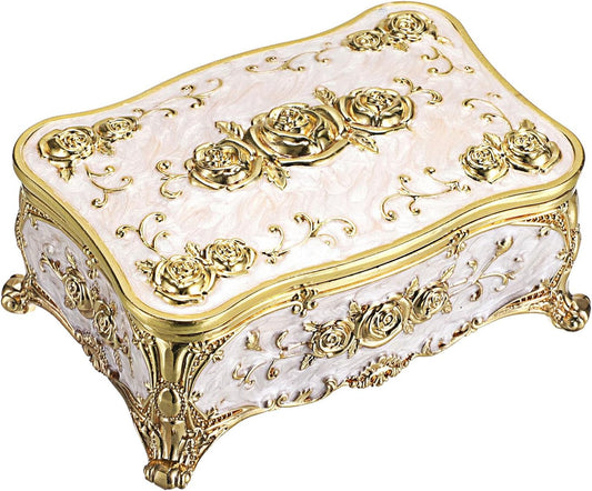 Vintage Metal Jewelry Box with Rose Pattern - with Magnetic Latching Keepsake Storage Box for Ring Earrings Necklaces