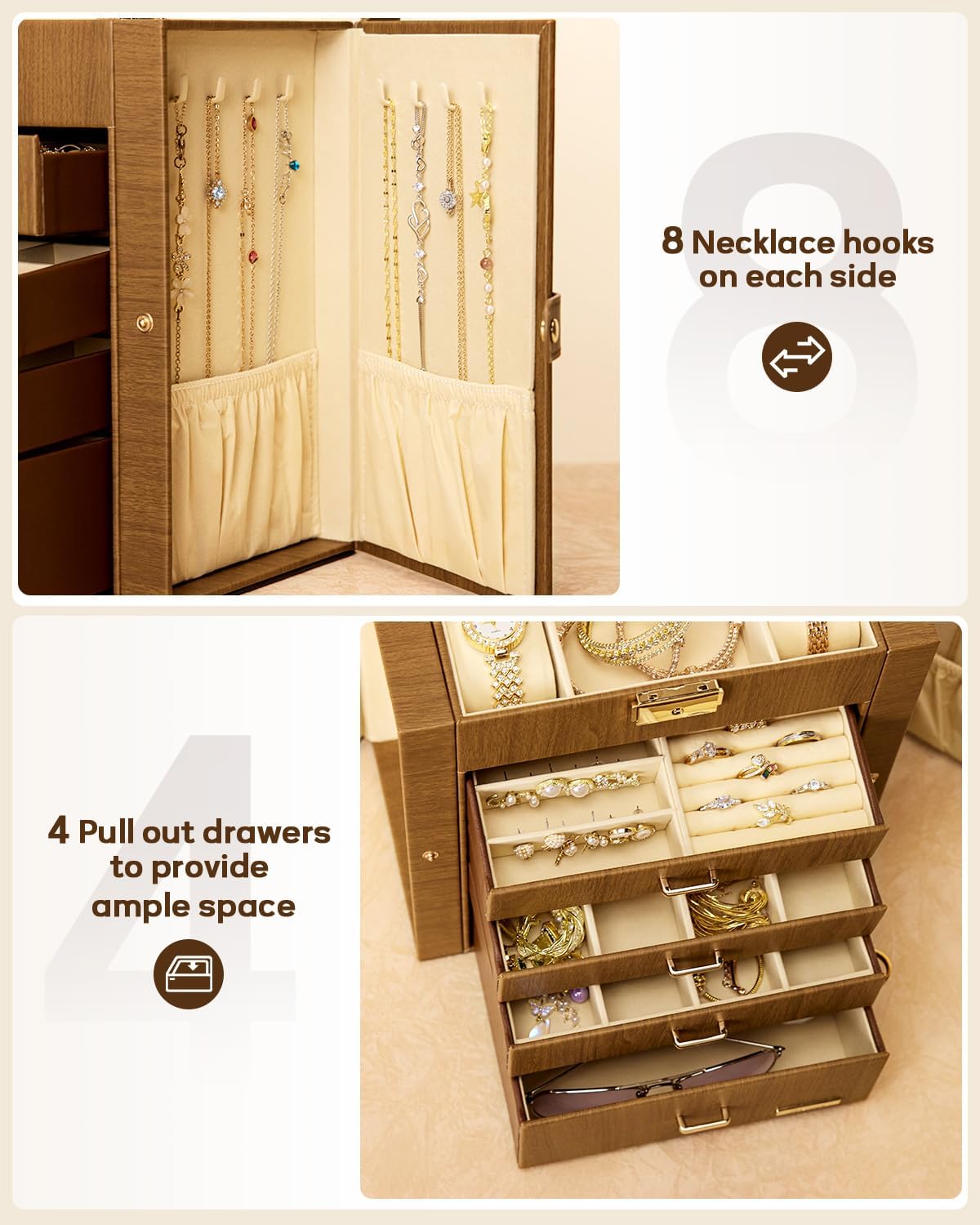 Synthetic Leather Huge Jewelry Box Mirrored Watch Organizer Necklace Ring Earring Storage Lockable