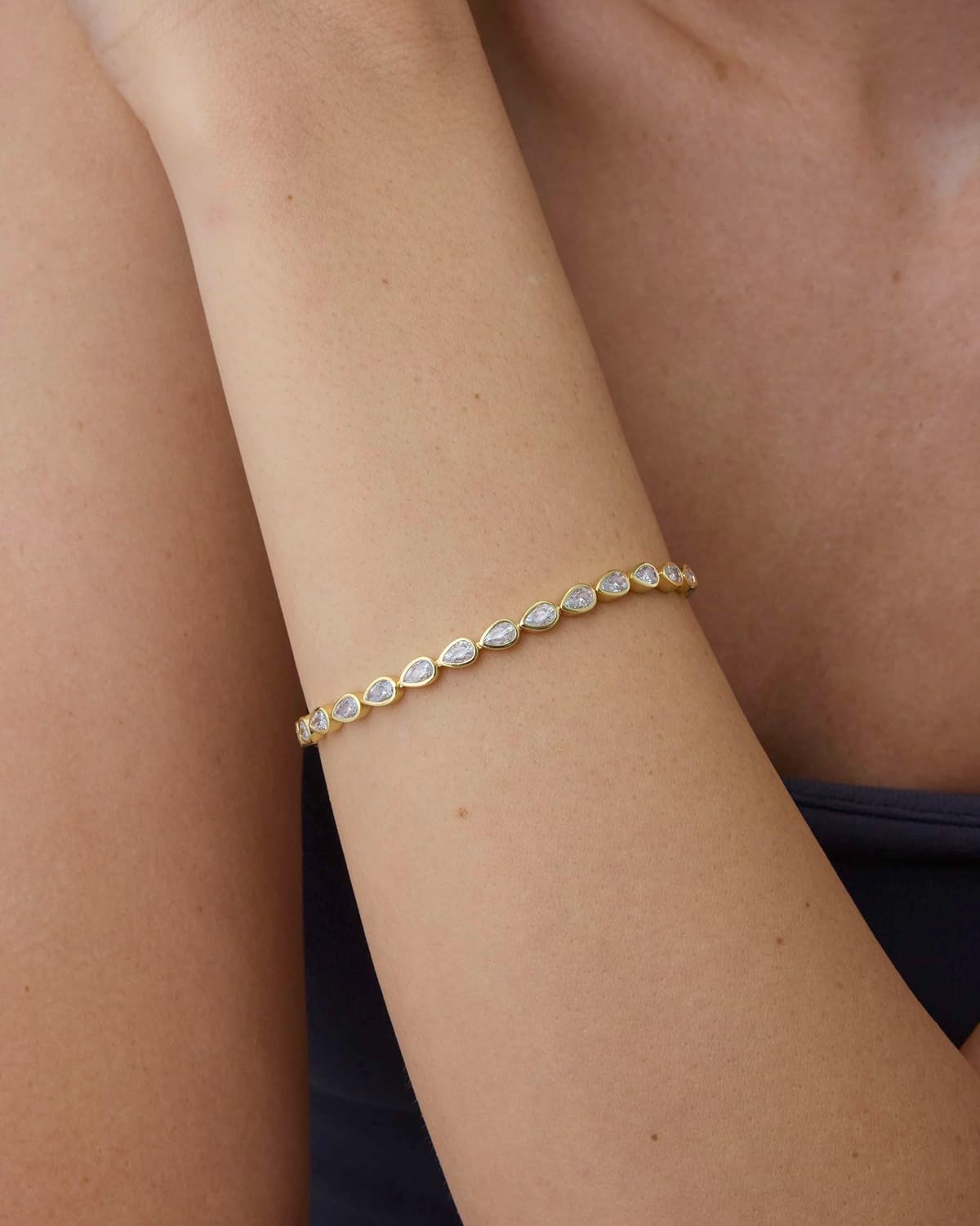 14K-18K Gold Plated Simulated Diamonds Bezel Set Tennis  -  Round Pear Heart Statement Bride Gold Bracelet Stack - Sizes 6.5-7.5 Inch