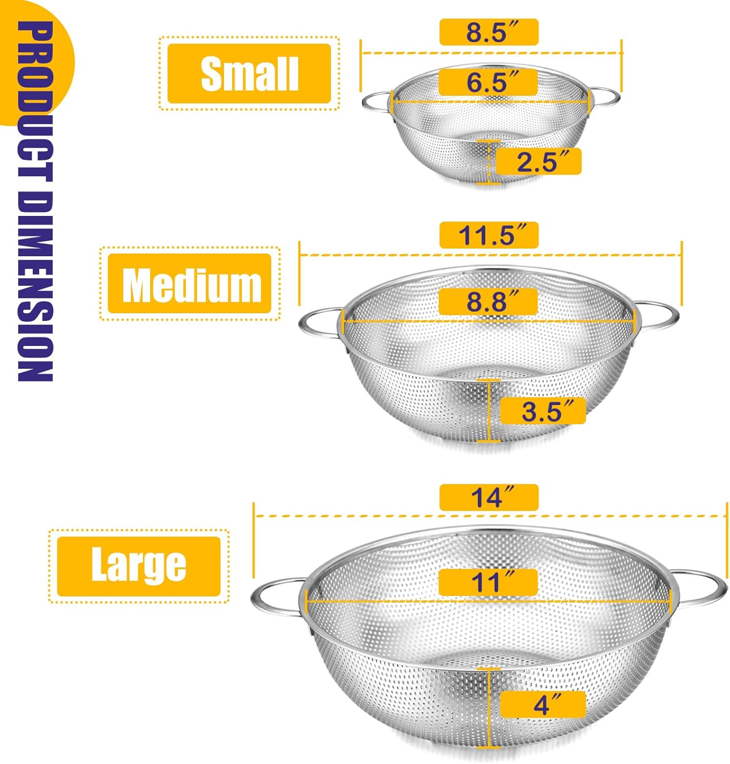 Micro-Perforated Metal Colander Strainer with Handle for Kitchen/Draining Pasta/Rinsing Vegetables Fruits