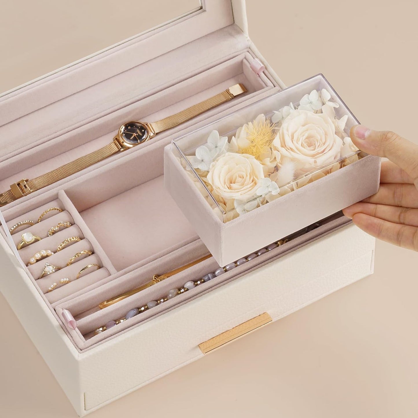 Jewelry Organizer with Glass Lid, 2-Layer Jewelry Box Case with Drawer, Gift for Women Mom