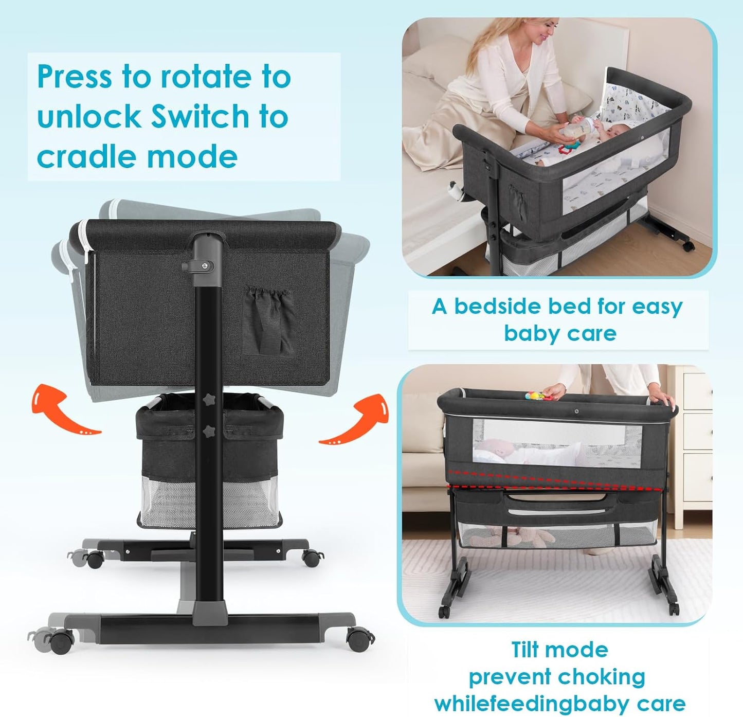 Bassinet,  Basinet Bedside Sleeper, Easy to Fold Portable Crib Side Bassinet  (Dark Gray)