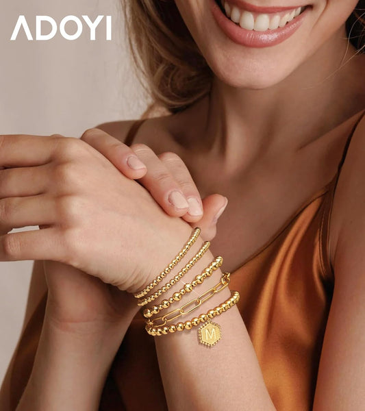 adoyi Gold Bracelets for Women Waterproof, 14K Gold Plated Beaded Strand Bead Ball Bracelets stack