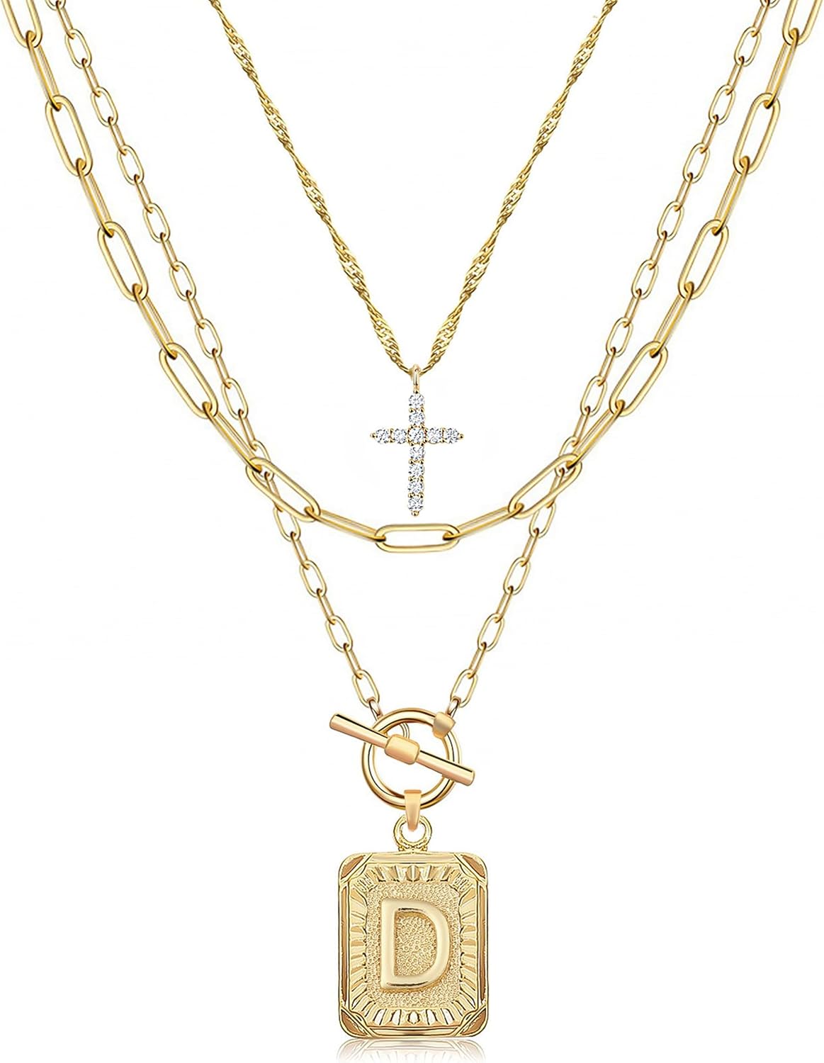 Layered Initial Necklace for Women, 14K Gold Plated Letter Pendant with Cross Charm, Paperclip Chain Choker Jewelry