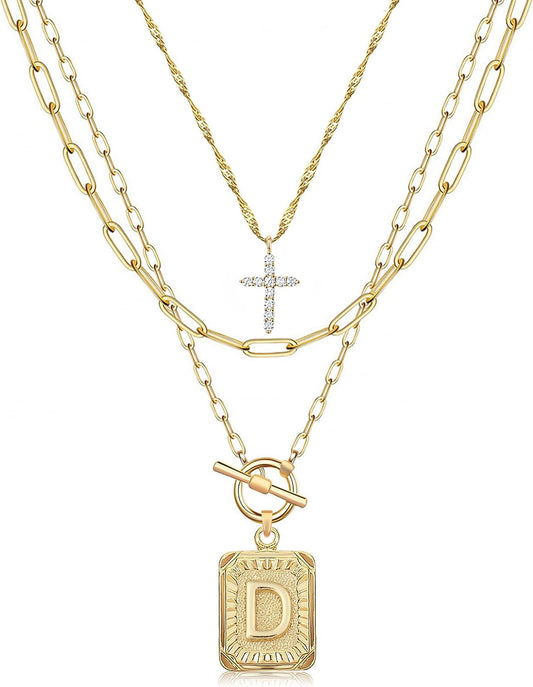 Layered Initial Necklace for Women, 14K Gold Plated Letter Pendant with Cross Charm, Paperclip Chain Choker Jewelry