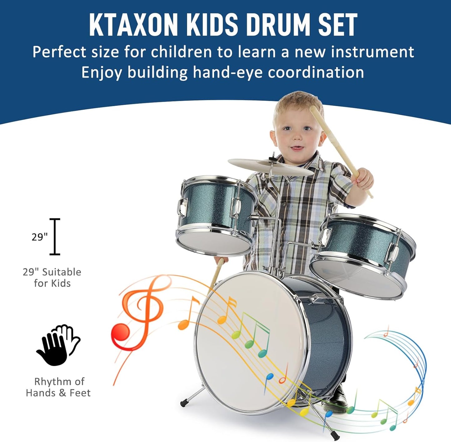 OMOMMD 3-Piece Drum Set, 14 Inch Beginners Drums Kit with Throne Stool, Pedal & 2 Pairs of Drumsticks, Junior Drums Set Musical Instruments W/Cymbal, Tom, and Snare Drum (Blue)