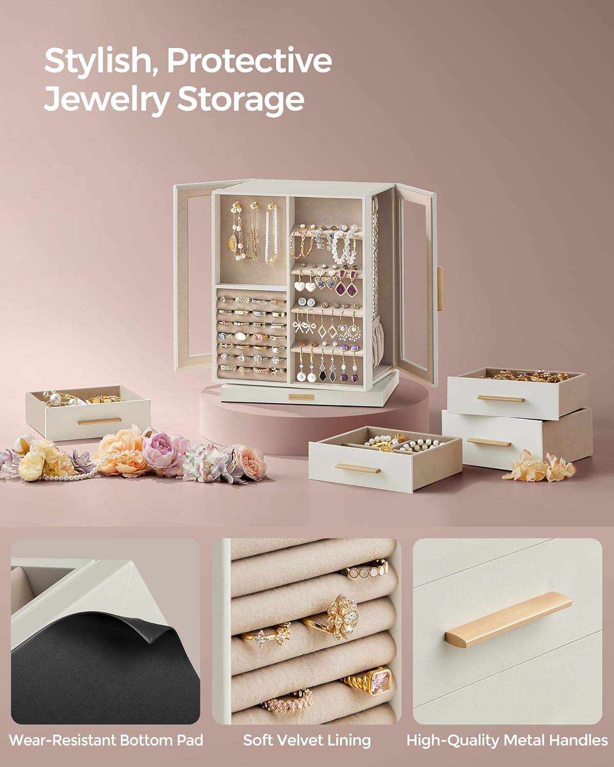 360° Rotating, Jewelry Storage Case with 5 Drawers, Jewelry Organizer, Glass Window