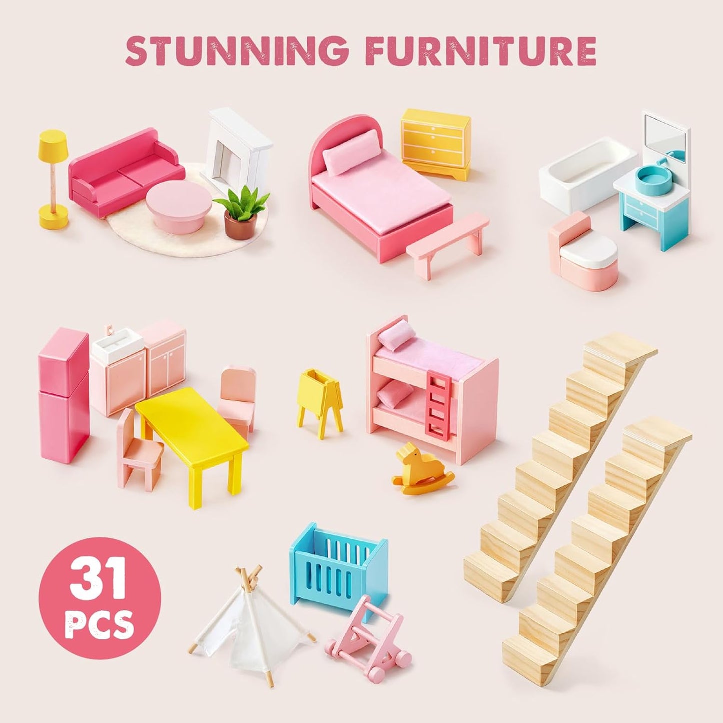 OMOMMD Wooden Dollhouse for Girls - 6 Rooms Wooden Doll House, DIY Pretend Doll House with 31Pcs Furniture Accessories, Creative Gift for Girl Ages 3+