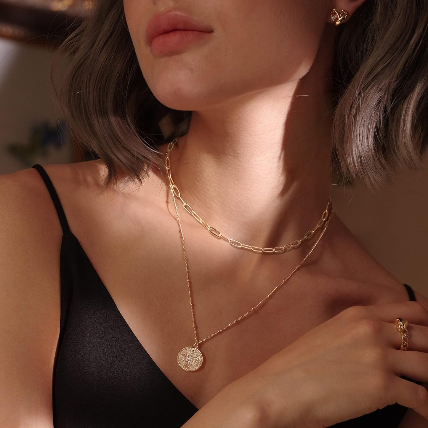 Layered Necklace with Heart & Arrow Pendant, 18k Gold Plated Dainty Choker for Women